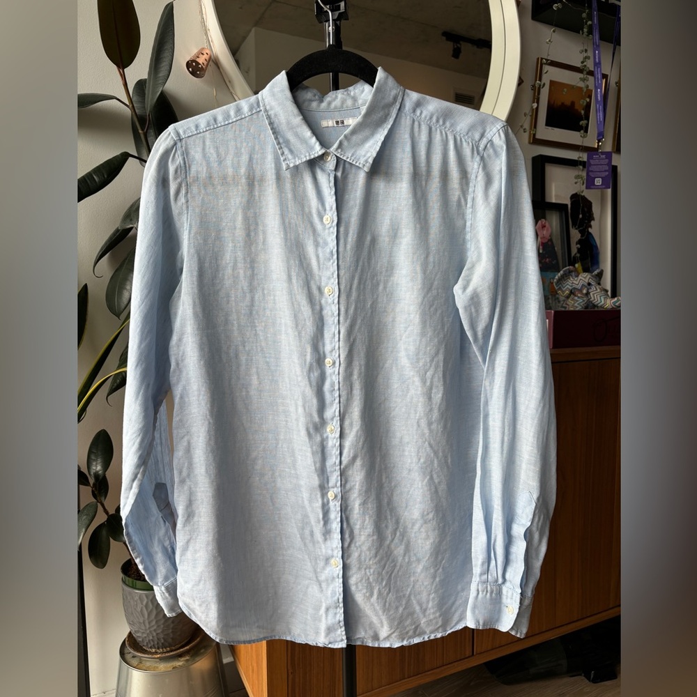 100% Linen Uniqlo Shirt, Medium, Light Blue
